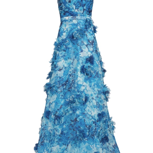 Marchesa Notte VNeck Printed Organza 3D Appliques Gown Blue Multi - Picture 2 of 9